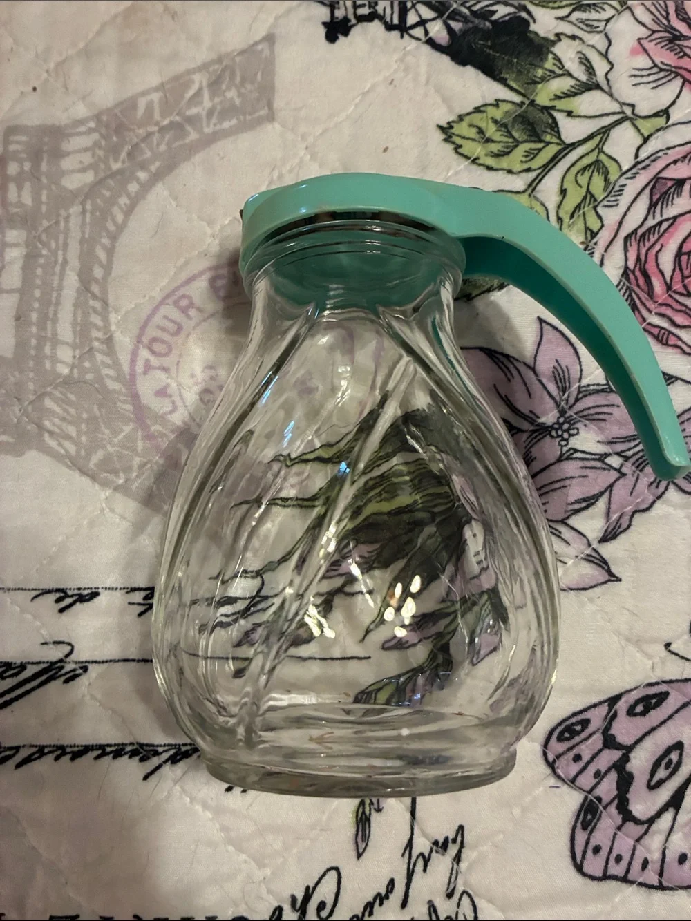 Vintage Glass Honey/Syrup - Dispenser with Mint Green Lid